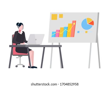 Representation on board vector, graphics and visualized data on whiteboard. Secretary working on computer in office, lady wearing headphones by laptop