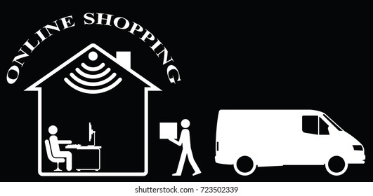 Representation of online shopping and home delivery isolated on black background 
with copy space for own text
