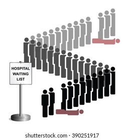 Representation of people dying whilst on the hospital treatment waiting list due to healthcare budget cuts and lack of investment isolated on white background