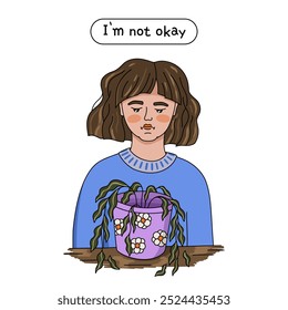 Representation of a person in depression. Sadness emotion. Pessimism. Vector.