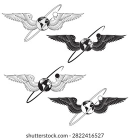 Representation of planet earth with angel wings and celestial halo, in black and white with precise lines and clean contours for editorial use.