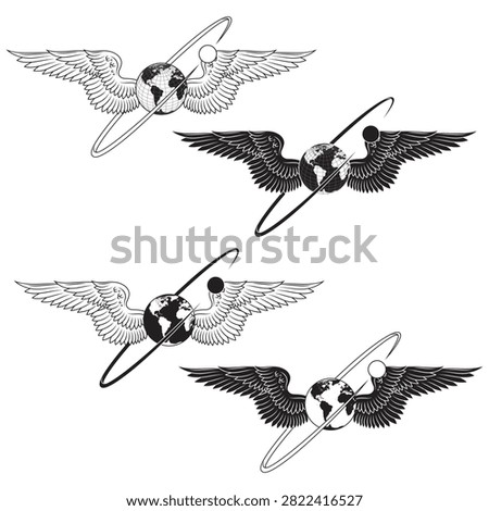 Representation of planet earth with angel wings and celestial halo, in black and white with precise lines and clean contours for editorial use.