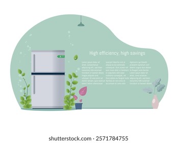 Representation of a refrigerator with an A plus energy label, surrounded by plants and a sustainable design, symbolizing energy savings and efficiency.