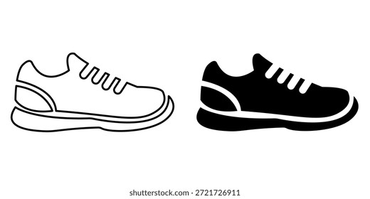 representation of a running shoe shown in two distinct styles: a clean outline and a solid black silhouette.