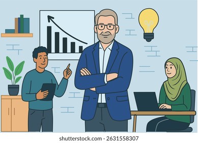 Representation in senior tech roles and leadership positions at startup companies. white men, dark skinned men, women wearing headscarves, office workers brainstorming, meeting, various ethnicities.
