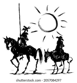 Representación de siluetas de don Quijote y de Sancho Panza.- ilustración vectorial