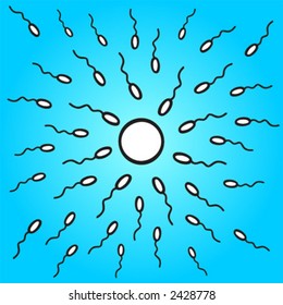 Representation of spermatozoids fertilizing an ovule over blue background