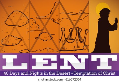 Representation of the three temptations of Christ in his journey across the desert that he beats successfully: hedonism (convert stones into bread), egoism (might) and materialism (kingdoms).