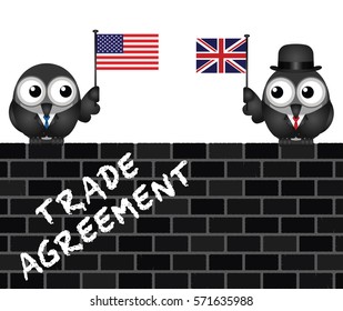 Representation of USA UK transatlantic trade agreement negotiations perched on brick wall