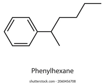Representative arene compounds, Phenylhexane is an aromatic hydrocarbon.  It can be produced by a Friedel-Crafts alkylation between 1-chlorohexane and benzene. C12H18 VECTOR ILLUSTRATION eps10