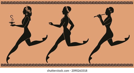 Representative figures of classical Greek ceramics. Three girls running and dancing, playing music and carrying a pot