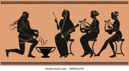 Representative figures of classical Greek ceramics. Three women or muses and a water man pouring water over a vessel.