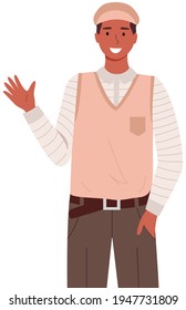 Representative of France in national clothes. Smiling male parisian is showing greeting gesture