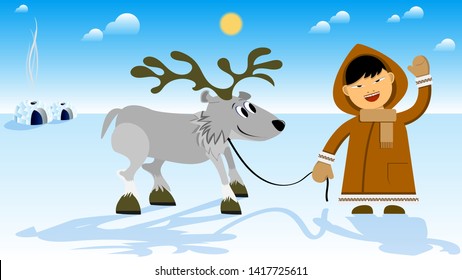 A representative of the indigenous people of the North smiles and waves his hand while standing with a deer under the sky with the sun and clouds against the backdrop of a snowy field and his home. fl