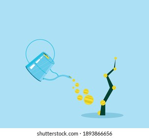 A representative tree growth with gold coin irrigation, the stage of development progress. It is used in subjects such as investment, finance, growth, development and accumulation. Gold coin tree.