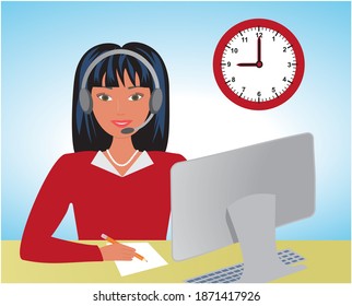 Representative woman with headset at desk. Vector illustration.