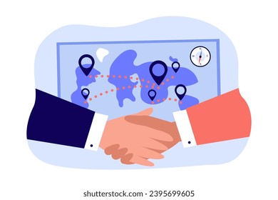 Representatives of airline industry shaking hands vector illustration. Map with destination points and compass on background. New air transport agreements, strengthening tourism market