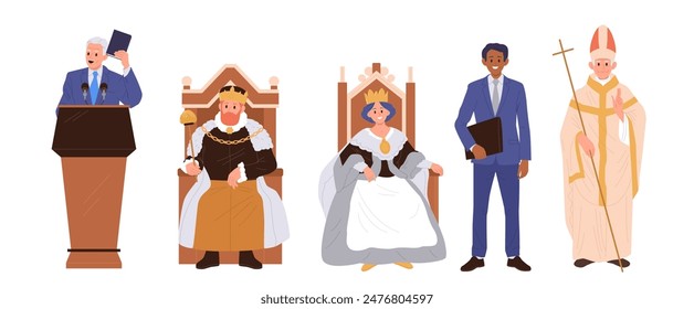 Representatives of authorities characters such as royal family, prosecutor, judge, lawyer, bishop