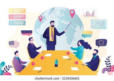 Representatives Of Countries At Talks Discuss Issue Of Disarmament. Diplomat Asks Russia To Stop Hostilities In Ukraine. Diplomatic Meeting Of Political Leaders. World Peace. Flat Vector Illustration