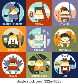 Representatives of different nationalities from different countries on the traditional background in national clothes. Vector illustration in flat style collection