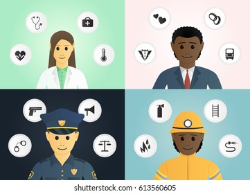 Representatives of different professions and relevant icons.