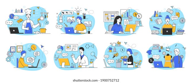 Representatives of different professions work remotely using video communication in the video conference mode using laptop. Set of outline simple style flat cartoon vector illustrations