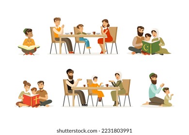 Representatives of different religious denominations set. Christian, Jewish, Muslim families praying while sitting at table cartoon vector illustration