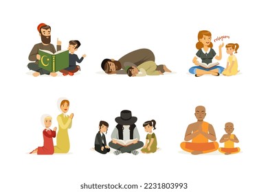 Representatives of different religious denominations set. Christian, Jewish, Buddhist, Muslim families praying to God cartoon vector illustration