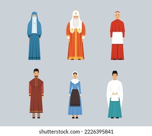 Representatives of religious confession set. Catholic Cardinal, Orthodox Patriarch, Mennonite or Amish woman vector illustration svg