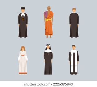 Representatives of religious confession set. Catholic priest, Buddhist monk, Catholic nun vector illustration