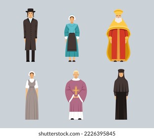 Representatives of religious confession set. Jewish Rabbi, Mennonite and Mormon women, Orthodox Metropolitan, Vicar vector illustration