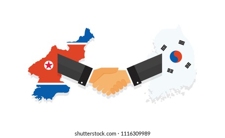 Representatives of the South and North Korea shake hands. Korea peace talks. South and North Korea flags on map. vector illustration design