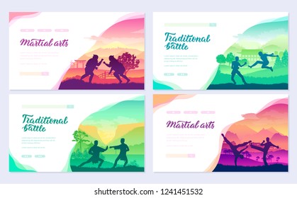 Representatives of traditional fighters from all over the world  brochure cards set. Fighting style battle nature template of  flyear, web banner, ui header, enter site. Layout modern slider page