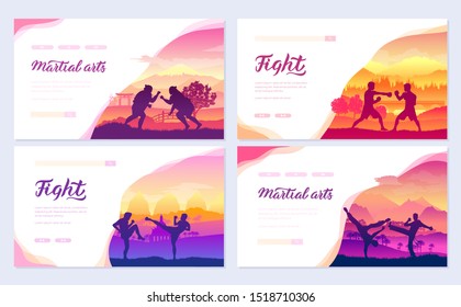 Representatives of traditional fighters from all over the world  brochure cards set. Fighting style battle nature template of  flyer, web banner, ui header, enter site. Layout modern slider page