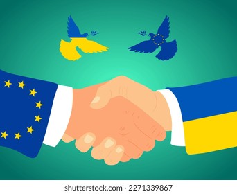 The representatives of the two parties shake hands. Ukraine on one side, the European Union (EU) on the other. Peaceful relations between Ukraine and the EU.