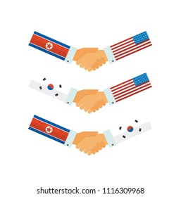 Representatives of the USA, South and North Korea shake hands. Korea peace talks. vector illustration design