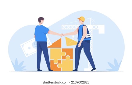 Die Vertreter werden dem Team in einer Vereinbarung über den Aufbau des Unternehmens die Hand geben. Geschäftszeichen für Vektorgrafik, flaches Design