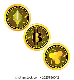 Represented objects in the form of virtual coins of the crypto currency Ripple Bitcoin
Ethereum yellow background on a white background.
