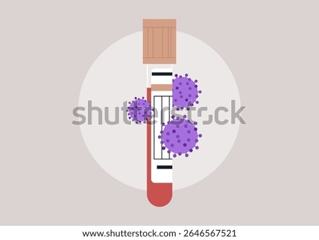 Representing a blood test tube surrounded by stylized virus icons, the illustration highlights the crucial role of testing in detecting viral infections and understanding public health