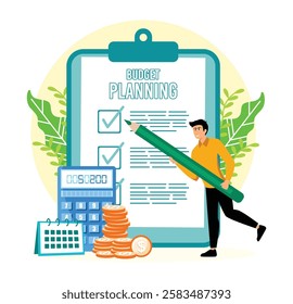 Representing budget planning with a checklist, large pencil, calculator, coins, and calendar, ideal for financial planning, organization, and effective money management concepts. 