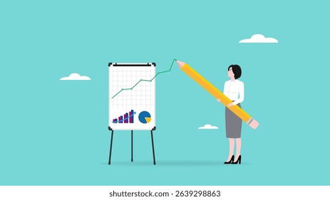 representing business growth, displays business progress to attract investors, business improvement reports or statistics, professional businesswoman explaining business progress with whiteboard
