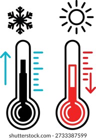 Representando temperaturas frias e quentes com termômetros e símbolos meteorológicos em um branco