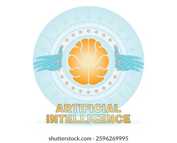 Representing the concept of artificial intelligence with the image of a central brain surrounded by digital hands. Symbolizing advanced AI technology. Flat vector illustration