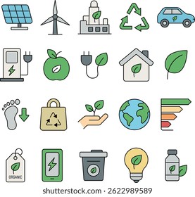 Representing eco-friendly and renewable energy concepts. Includes solar panels, wind turbines, electric vehicles, recycling symbols, sustainable packaging, and green technology elements.