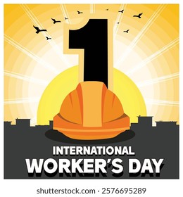 Representing International Workers Day, featuring a large number 1, a hardworking theme signified by a hard hat, and a sun rising over a cityscape. Flat vector modern illustration 