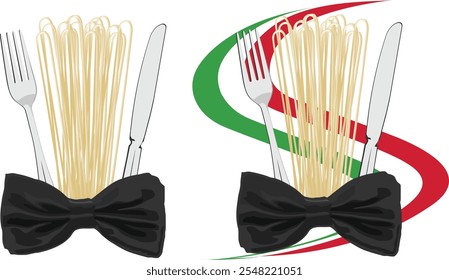 Die italienische Küche wird mit Spaghetti mit Gabel, Messer und Fliege präsentiert, die Eleganz und kulinarische Raffinesse verkörpert