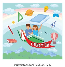 Representing Literacy Day, featuring books, children, and educational symbolizing learning, creativity, and imagination. Flat vector modern illustration 