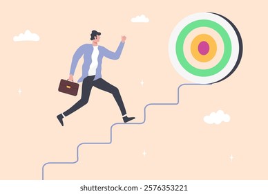 representing progress and success. The design shows a businessman climbing stairs or a ladder,