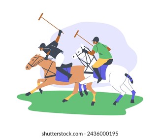 Representing the thrill and energy of polo sport, this vector illustration captures a player on a galloping horse, attempting a strong shot at the ball, framed against the expanse of a playing field