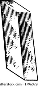 Represents an allotrope of sulphur, when heated to 115 degrees Celsius, will cool to be yellowish-brown, needle-shaped crystals, derived from an oblique prism, vintage line drawing or engraving.